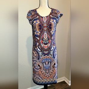 R&K - Cap Sleeve - STRETCH DRESS - Blue, Orange - FLORAL, Paisley - Size M